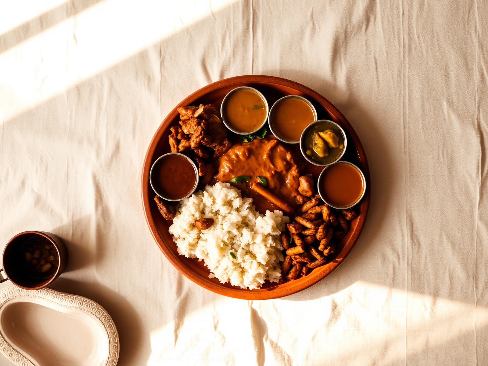 A warm home-cooked thali on a rustic terracotta plate